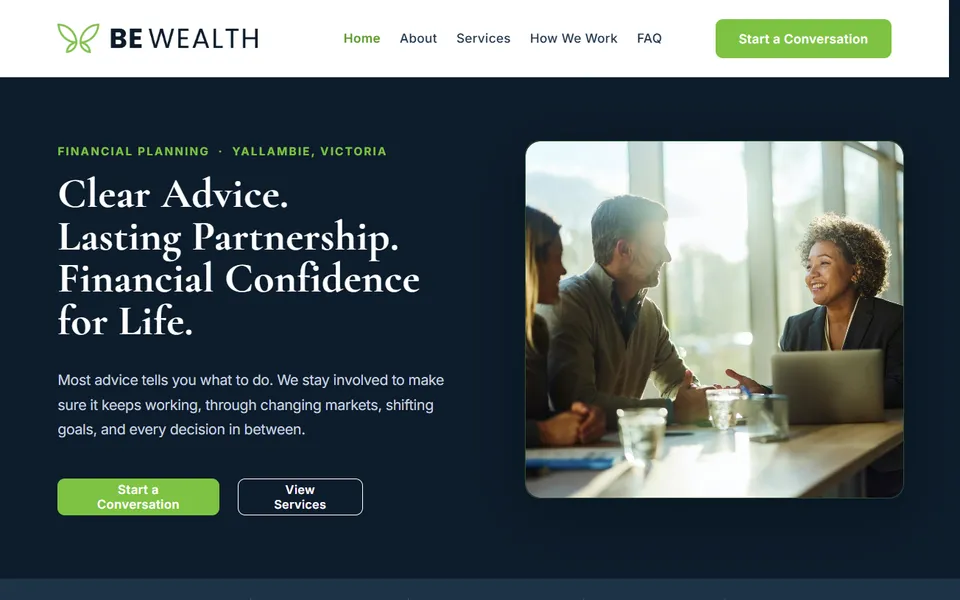 Home page of the BE Wealth Management website